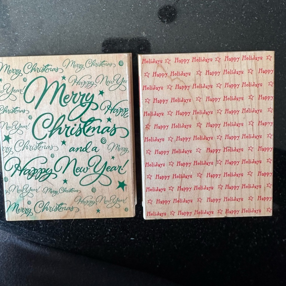 2 Large Wooden Christmas’s stamps 4” X 4.5” “merry Christmas” “Happy Holiday”